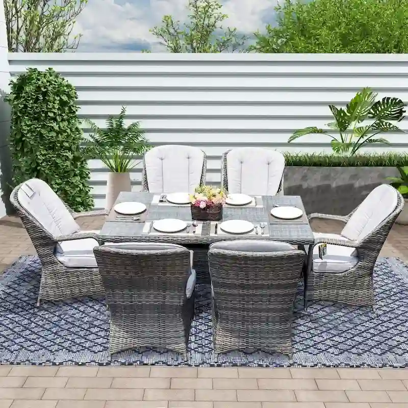 Modern 7-piece Outdoor Rectangular Wicker Aluminum Dining Set with 6 Chairs