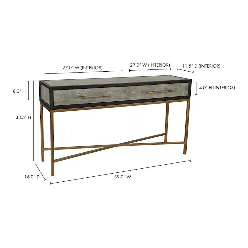 Macari Miki Art Deco Solid Wood AndVegan Leather Shagreen With Brass Accents Console Table - 59W x 16D x 32.3H