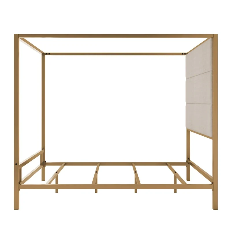 Sleek Modern Metal Canopy Bed with Tall Linen Upholstered Headboard