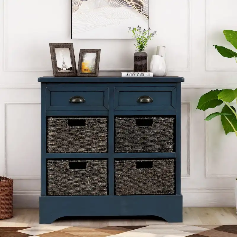 2-Drawer 4-Rattan Basket Storage Cabinet – Antique Navy / Brown Grey / Espresso / White Washed / White