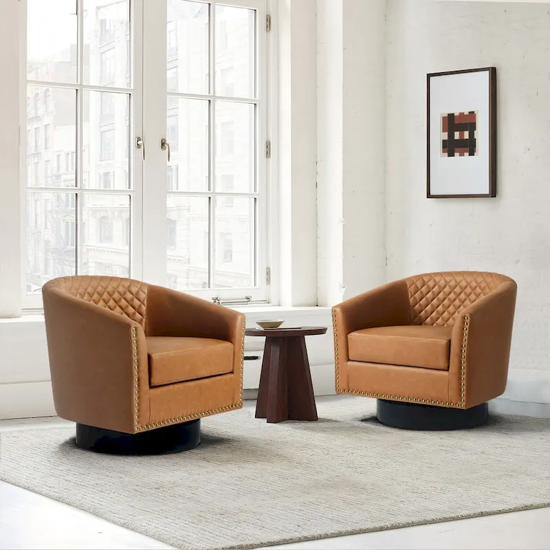 Faux Leather Nailheads Swivel Barrel Chair Set of 2
