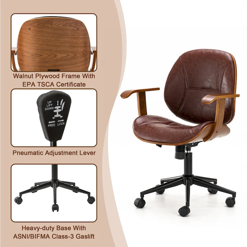 PU Leather Swivel Office Chair with Bamboo Armrests – Cocoa / Brown / Black, Mid-Back, Single User