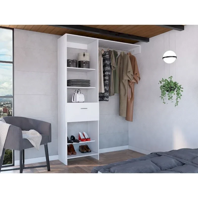 TUHOME Manchester 150 Closet System with Metal Rod, 5 Open Shelves, and 1 Drawer - N/A