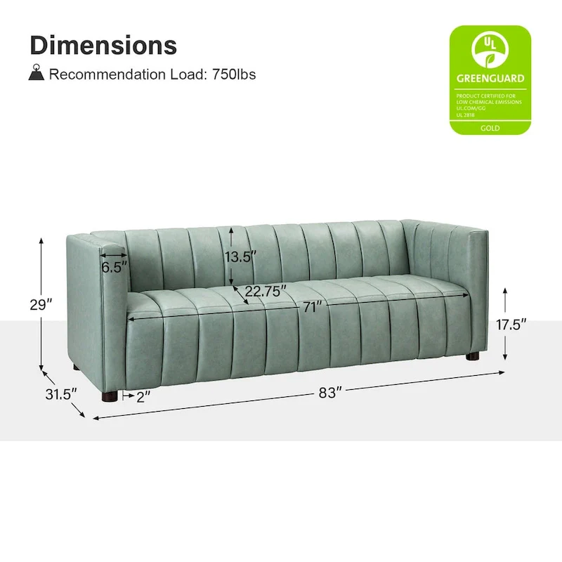 83-inch genuine leather curved sofa with a grooved backrest.