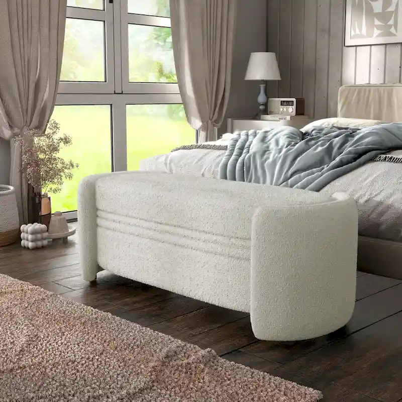 Beige / Obsidian Grey Boucle Storage Bench, 2-Seater