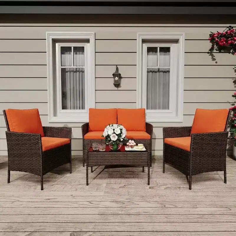 4 Piece Wicker Patio Bar Set - Outdoor Conversation Furniture with Loveseat, 2 Cushioned Chairs, Glass Coffee Table - All-Weather Rattan