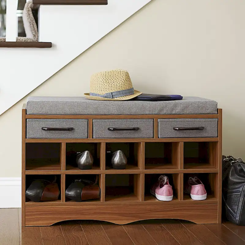 Storage Bench with 3 Drawers, 10 Shoe Compartments, and Cushioned Seat