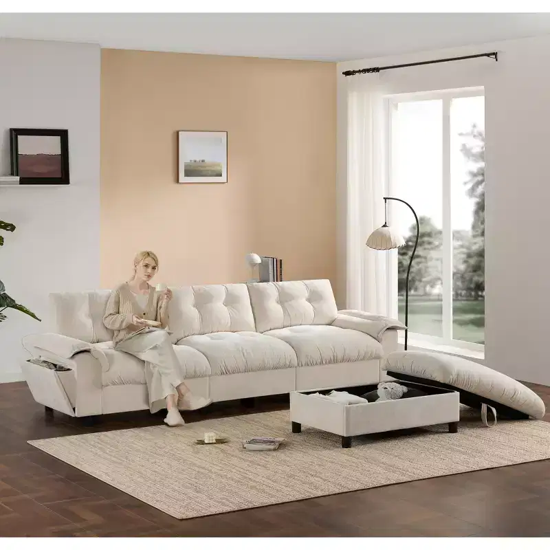 Modern Sectional Sofa L-Shape Sofa Upholstered Cloud Sofa with Charging Ports&Cup Holder&Side Storage Pockets&Movable Storage Ottoman -ModernLuxe