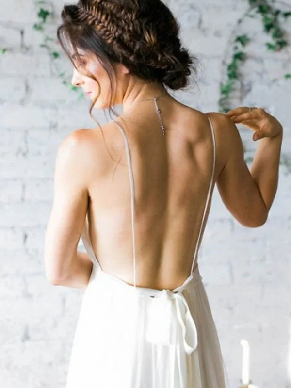 A-Line V Neck Straps Spaghetti Sheath Chiffon Wedding Dress