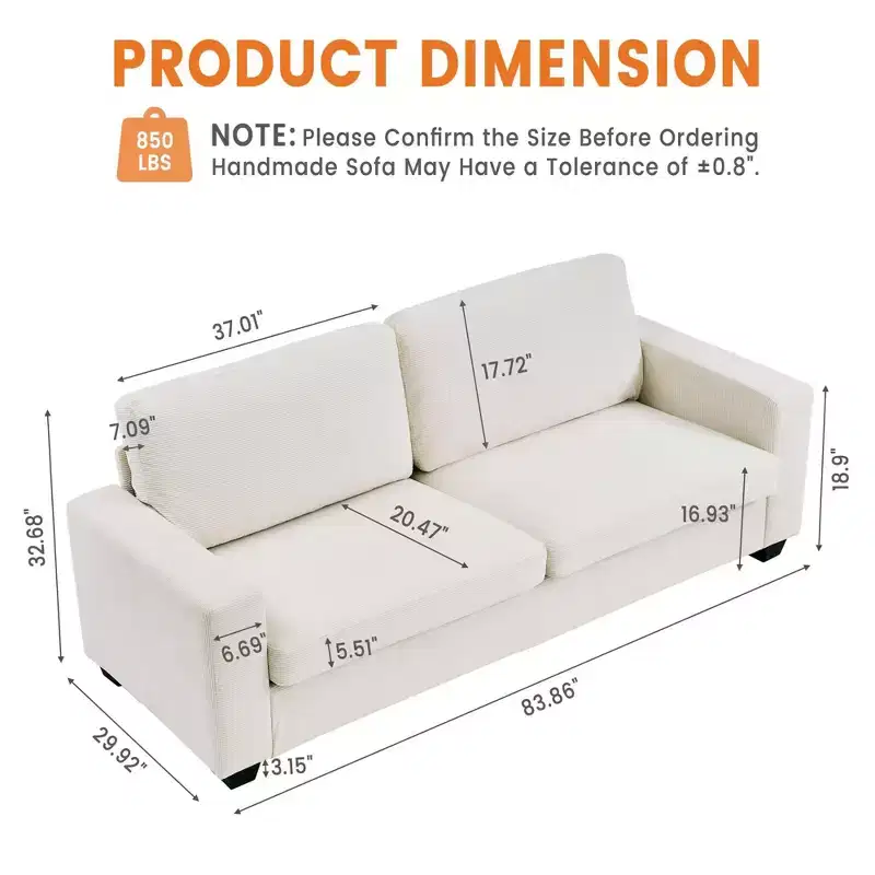 Modern 83 Comfy Corduroy Upholstered Couches Sofa with Armrests, Sturdy Structure Cloud Couch with Deep Seat for Living Room and Apartment, Beig
