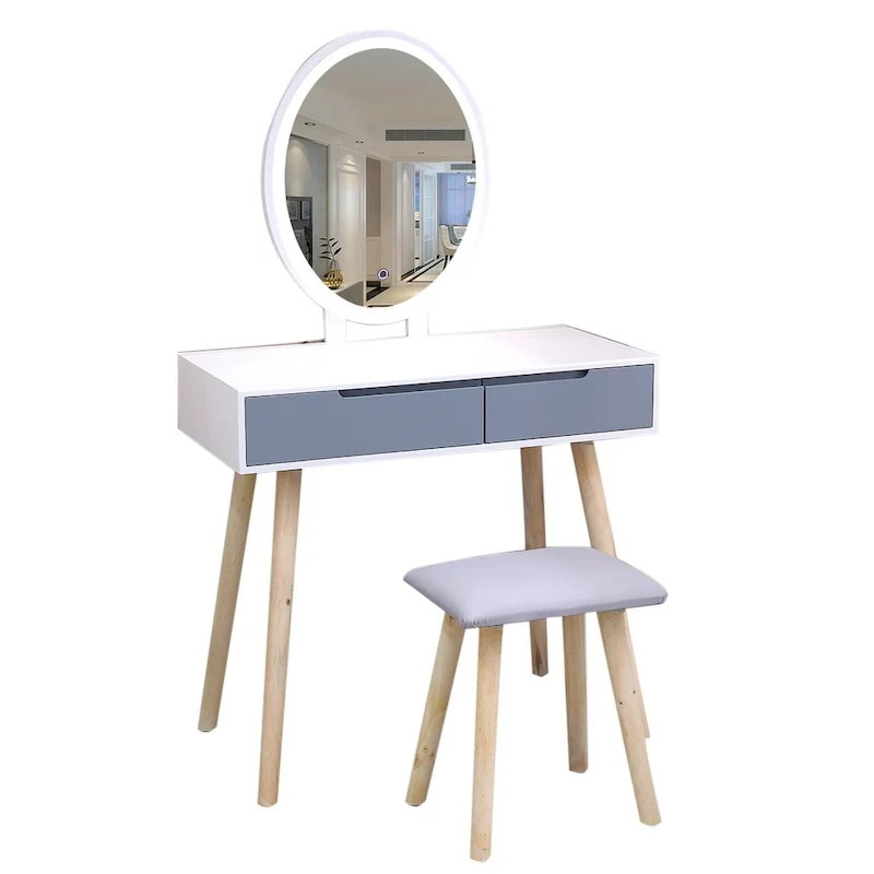 Modern Bedroom Vanity Table Set with Adjustable Brightness Mirror