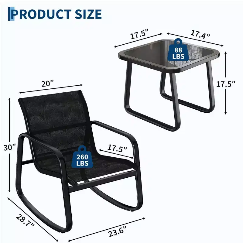 3 Piece Outdoor Rocking Bistro Set with Side Table, Patio Conversation Set with 2 Breathable Mesh Rocking Chairs, All-Weather Porch Furniture