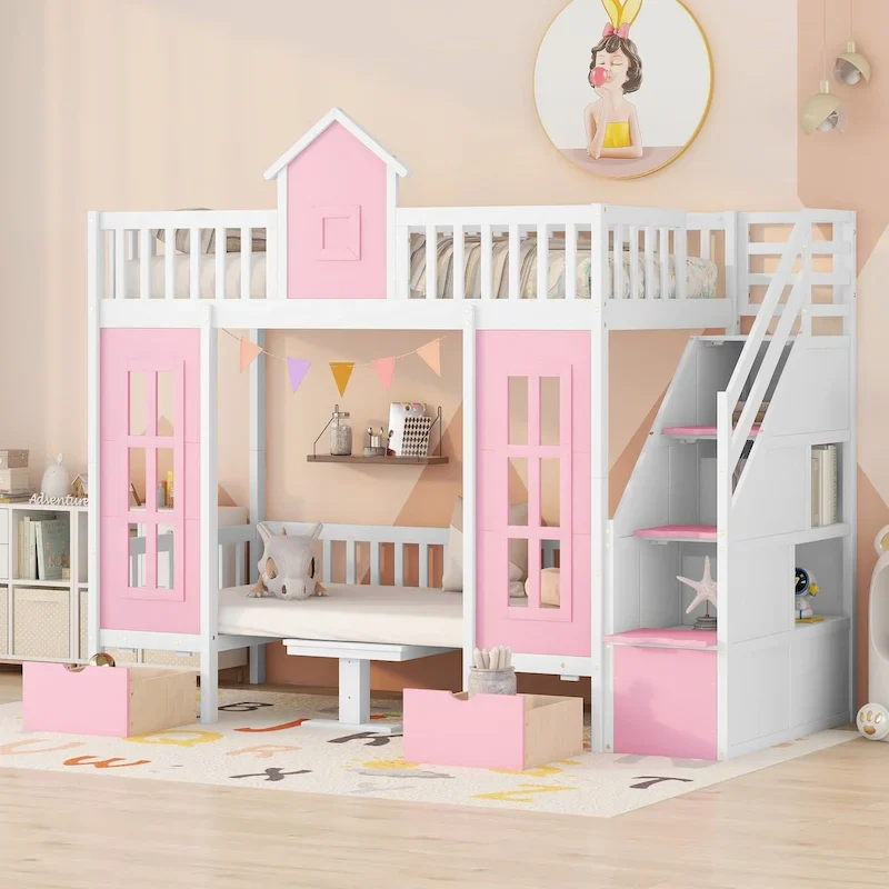Pink / Blue / White Twin Over Twin Bunk Bed with Convertible Table, 2-Person