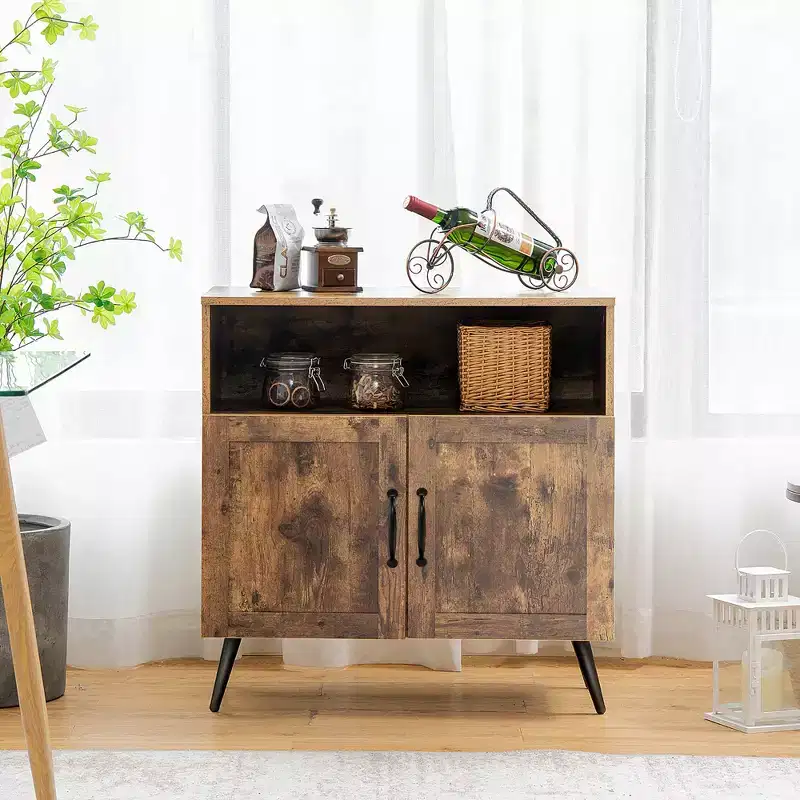 Costway Mid-century Storage Cabinet Sideboard w/ Doors Wine Glass Racks Rustic Brown
