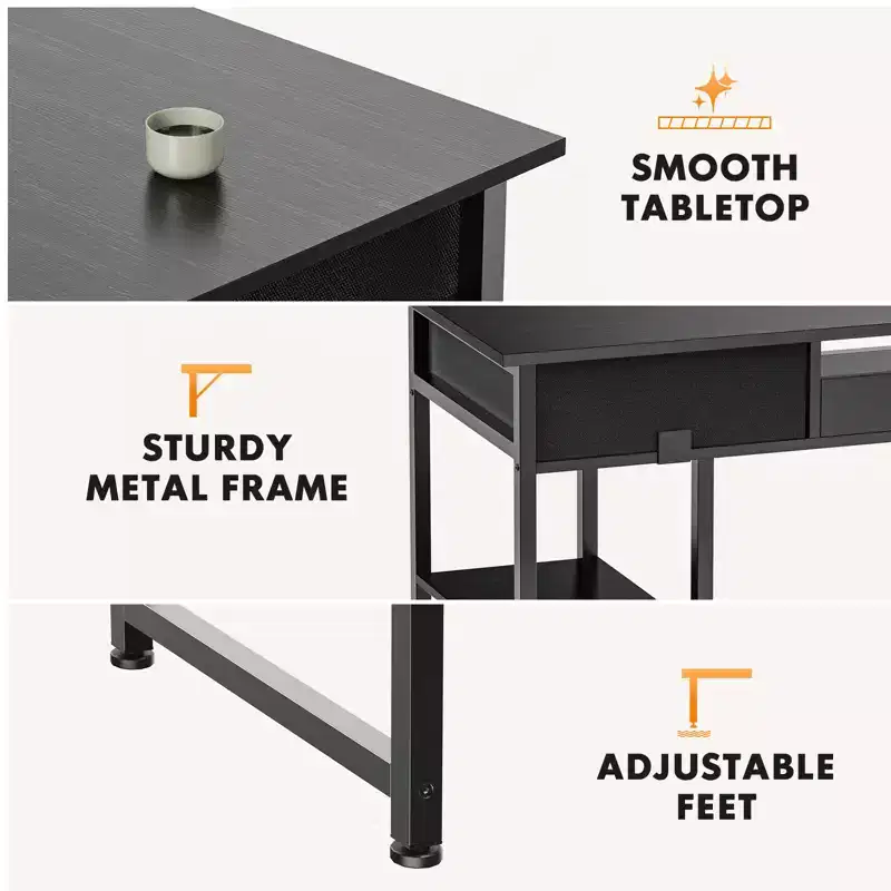 Computer Desk with Storage, Small Home Office Writing Study PC Table with Fabric Side Bag & Headphone Hook, Metal Frame (47.24 x 15.75 x 30.59)
