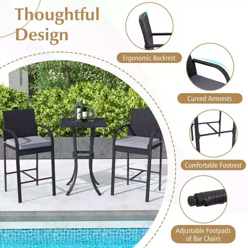 Costway 3 PCS Patio Wicker Bar Set Rattan Chairs & Square Table with Heavy-Duty Metal Frame