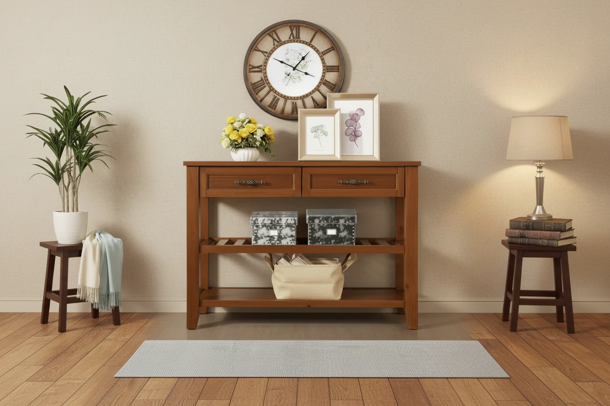 Espresso / Brown / Navy Blue / Antique White Rustic 2-Drawer Console Table, 1-Person Assembly