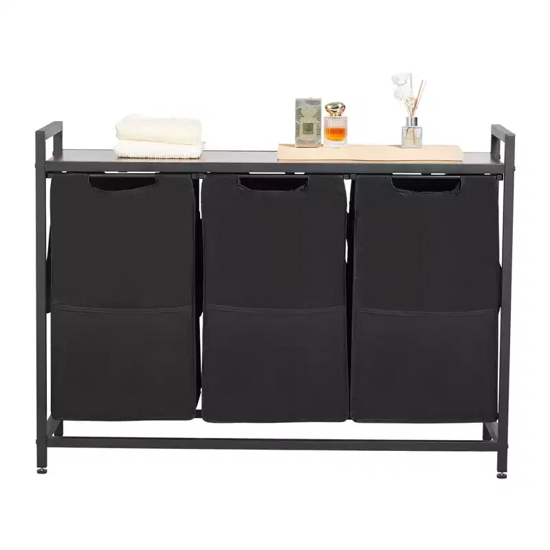 VEVOR 3 Section Laundry Sorter, Large Laundry Hamper with Metal Frame and Wooden Tabletop, Freestanding Storage Organizer Baskets, Black