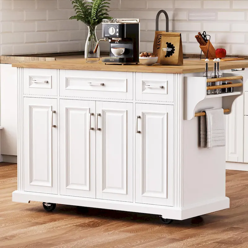 White Rustic Rolling Kitchen Island with Rubberwood Drop Leaf, 3 Drawers & 4-Door Cabinet – 1-Piece