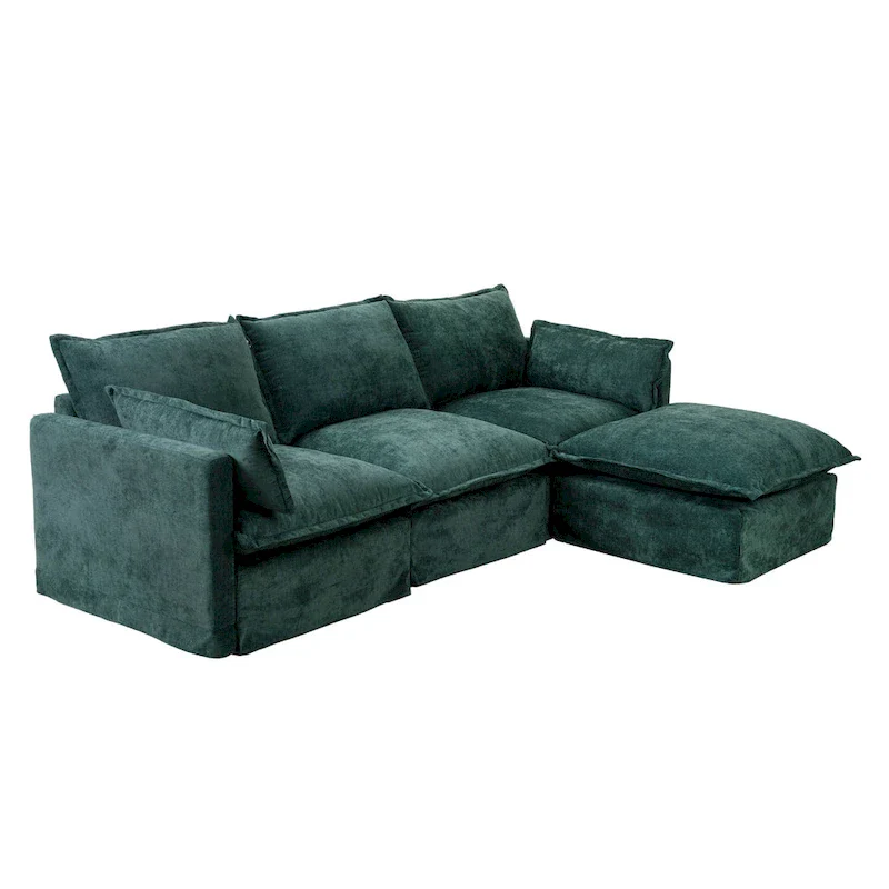 93.31  Faux Linen Modular Sectional Sofa with Movable Ottoman, Solid Wood Frame, and High-Resilience Foam Cushions