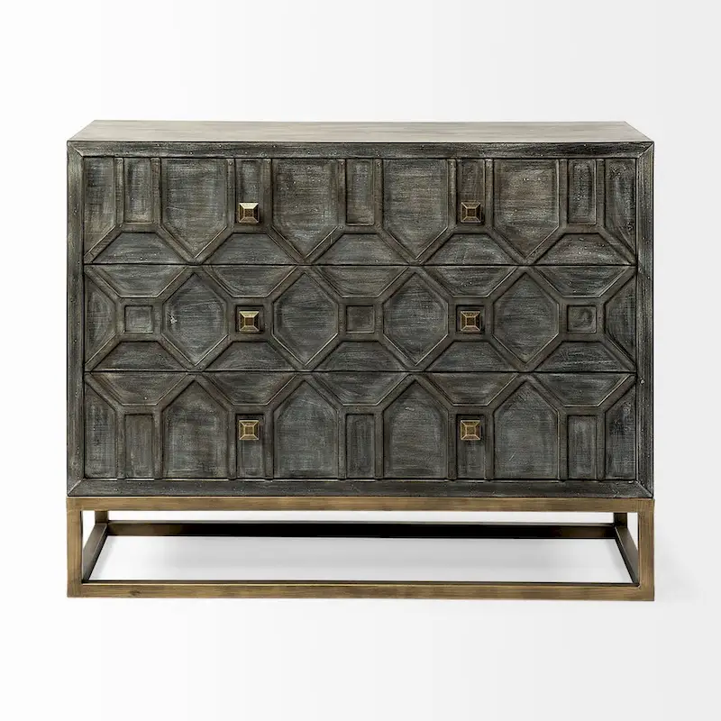 3-Drawer Accent Cabinet with Metal Frame - Geometric Pattern Design (Gray/Light Brown)