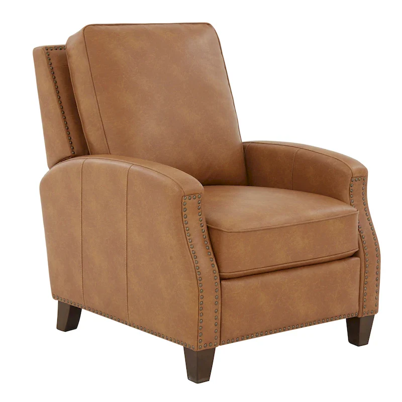 Push Back Recliner Chair, Faux Leather, Half-Round Arms, Nailhead Trim, Tapered Wood Legs, High-Density Foam, Saddle Brown / Midnight Blue, 1-Person Use