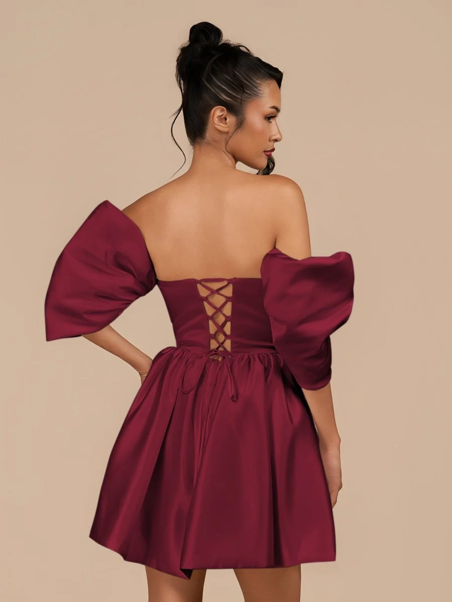Burgundy - A Line Satin Strapless Puffed Sleeves Short Homecoming Dresses