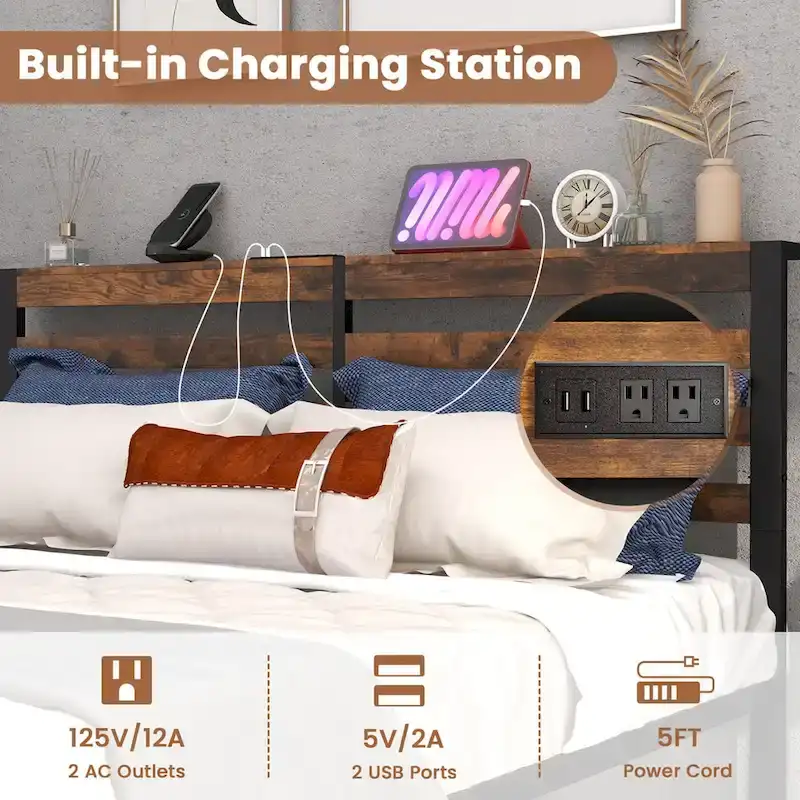 Industrial Metal Bed Frame Charging Station Mattress Foundation