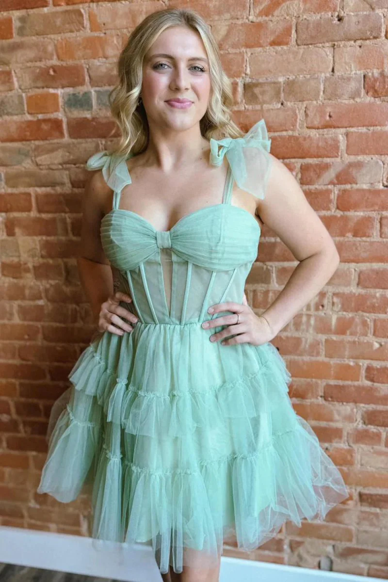 Sage - A Line Sweetheart Tiered Tulle Short Homecoming Dresses With Bow Straps