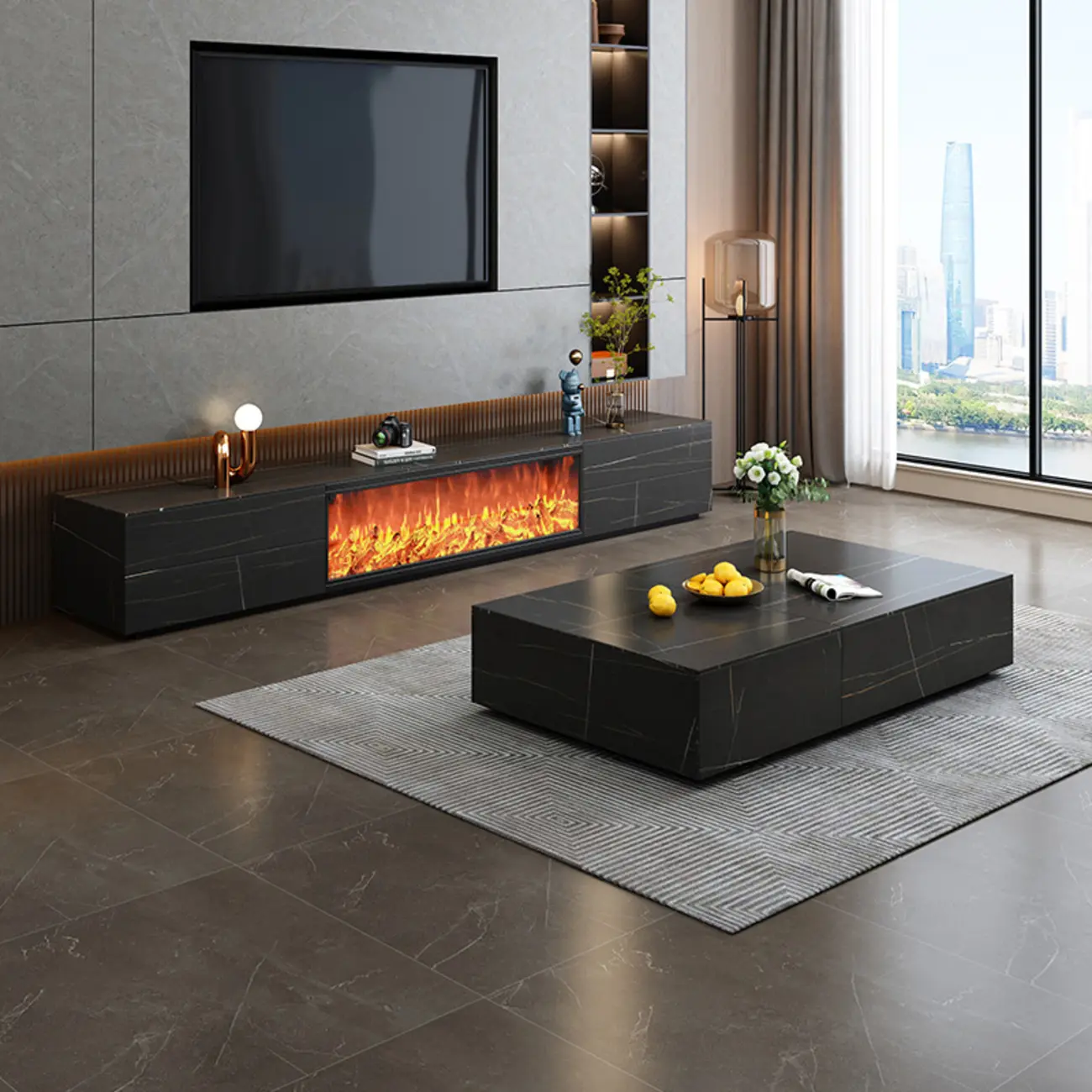 94.5 White Rectangle Stone TV Stand with Fireplace & Light