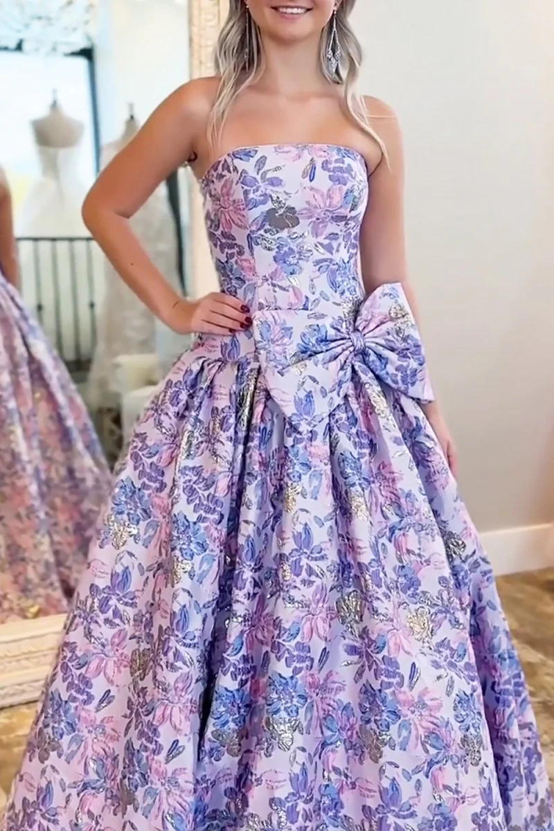 Lilac Strapless Floral Printed A Line Long Formal Prom Dresses With Bow