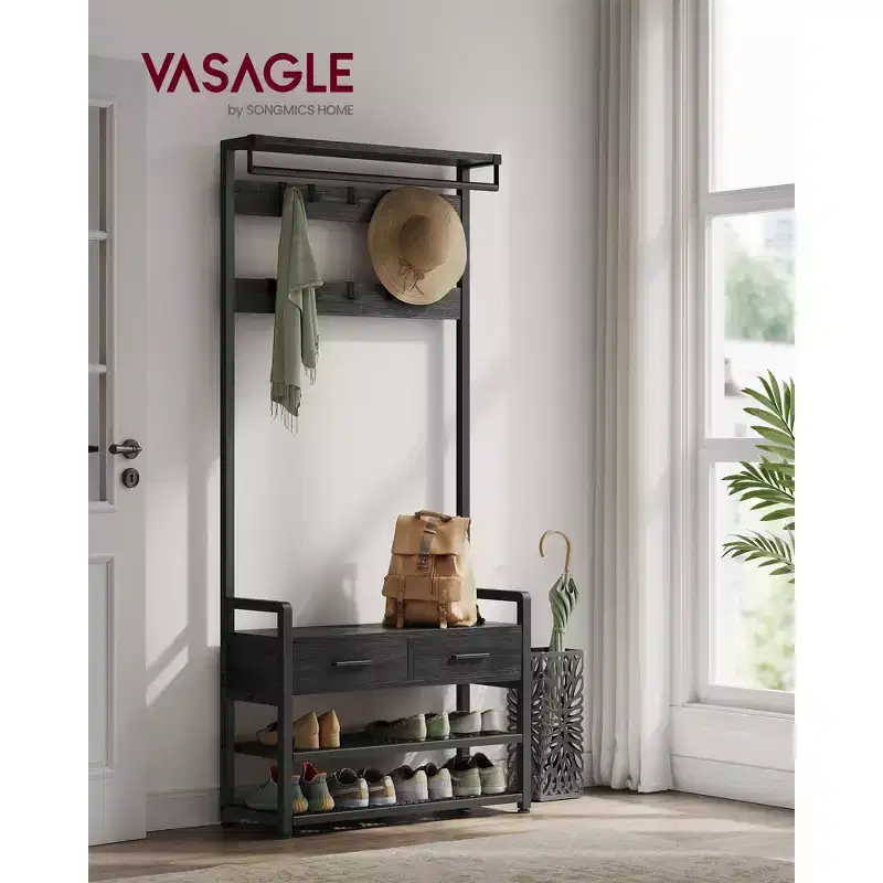 Stone Gray & Ink Black / Vintage Brown & Ink Black Hall Tree with Bench, 6-in-1, 2-Person