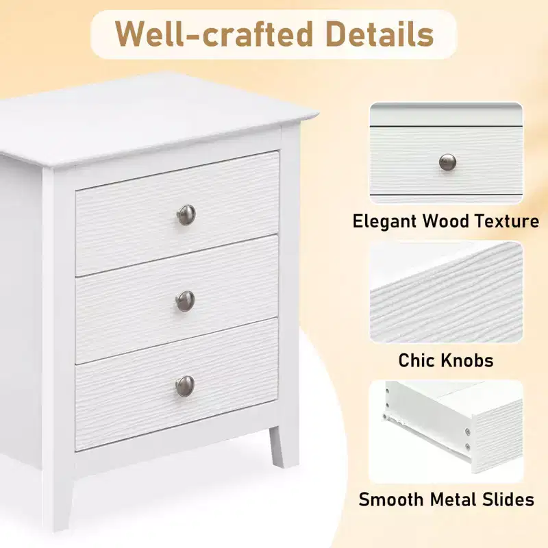 Costway 1/2 PCS Nightstand, Farmhouse 3-Drawer Night Stand with Wood Grain Accents & Sleek Knobs White/Black