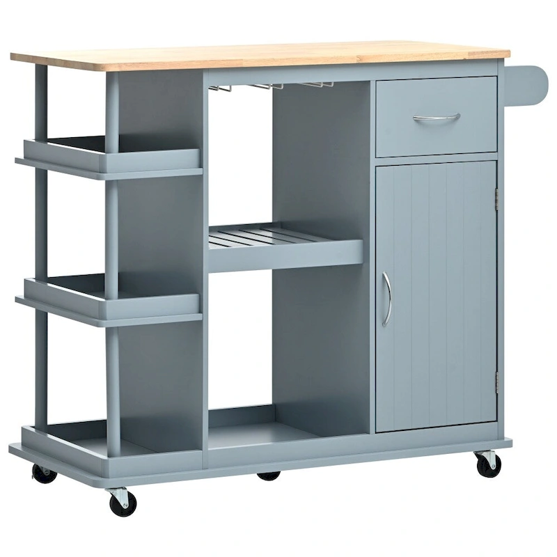 Rubber Wood Kitchen Cart with Adjustable Shelves and Wine Rack