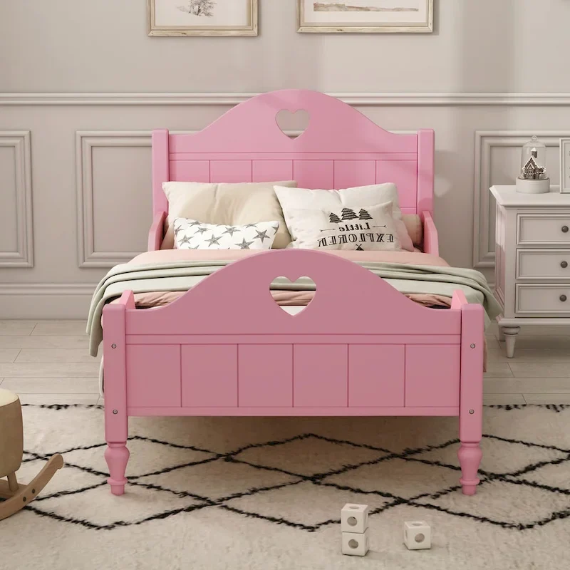 Olive Green / Green / Light Pink / White Solid Wood Twin Toddler Bed with Arched Headboard and Side Safety Rails – 1-Person