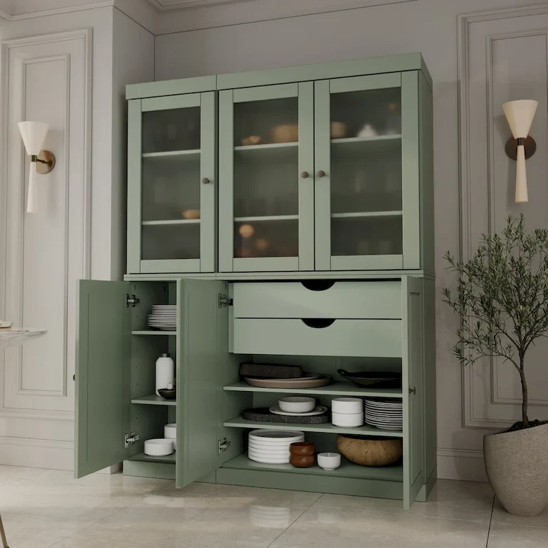 Solid Wood Pantry China Cabinet with Frosted Glass Doors and 2 Drawers