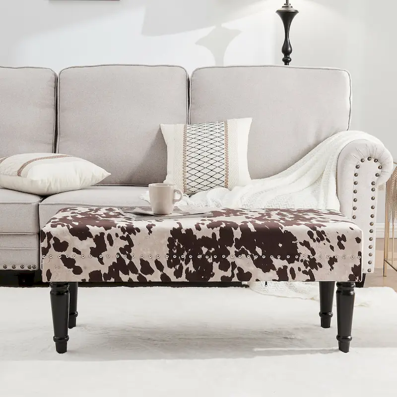 Adeco Cow Print Fabric Rectangular Bench Ottoman