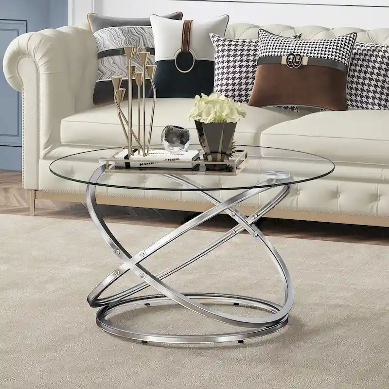 Round Glass / Stone Top Accent Coffee Table with Metal Base, 1-Person