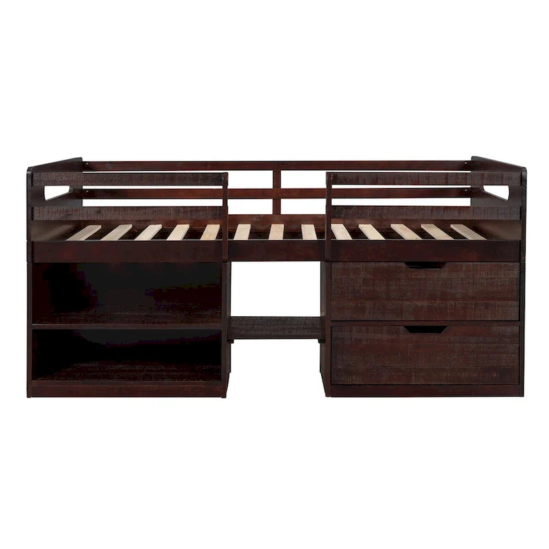 Solid Wood Twin Size Loft Bed with Two Shelves and Two Drawers