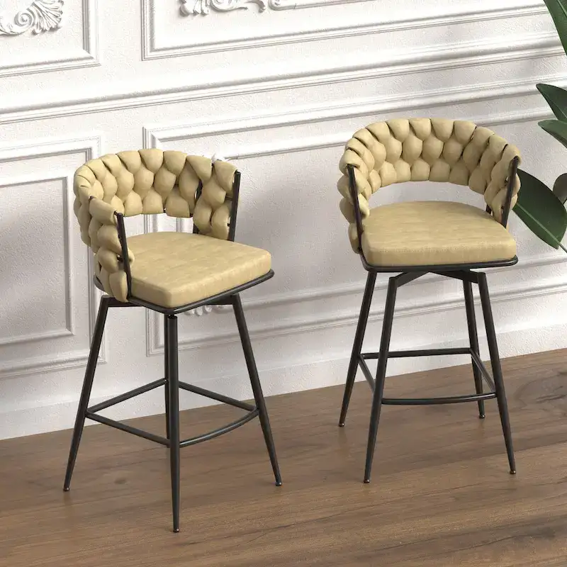 2 Woven Bar Stool,Black Legs No Adjustable Chairs,360 Swivel Upholstered Bar Chair Counter Stool Arm Chairs With Back Footrest