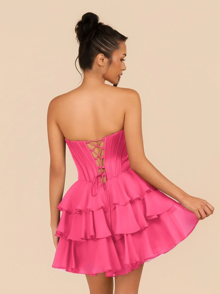 Hot Pink - Strapless A Line Ruffles Homecoming Dress With Beading