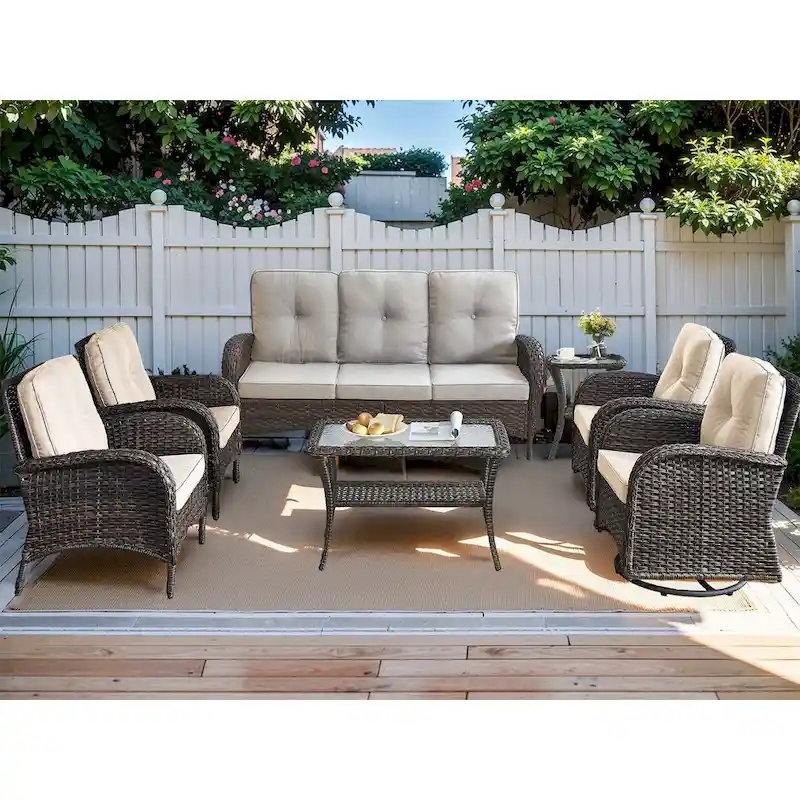 Outdoor Sofa with High Back Rattan Swivel Chair Set - Brown