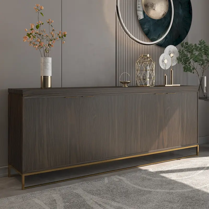 Brown / White Wood Grain 4-Door Sideboard Cabinet with Gold Metal Legs
