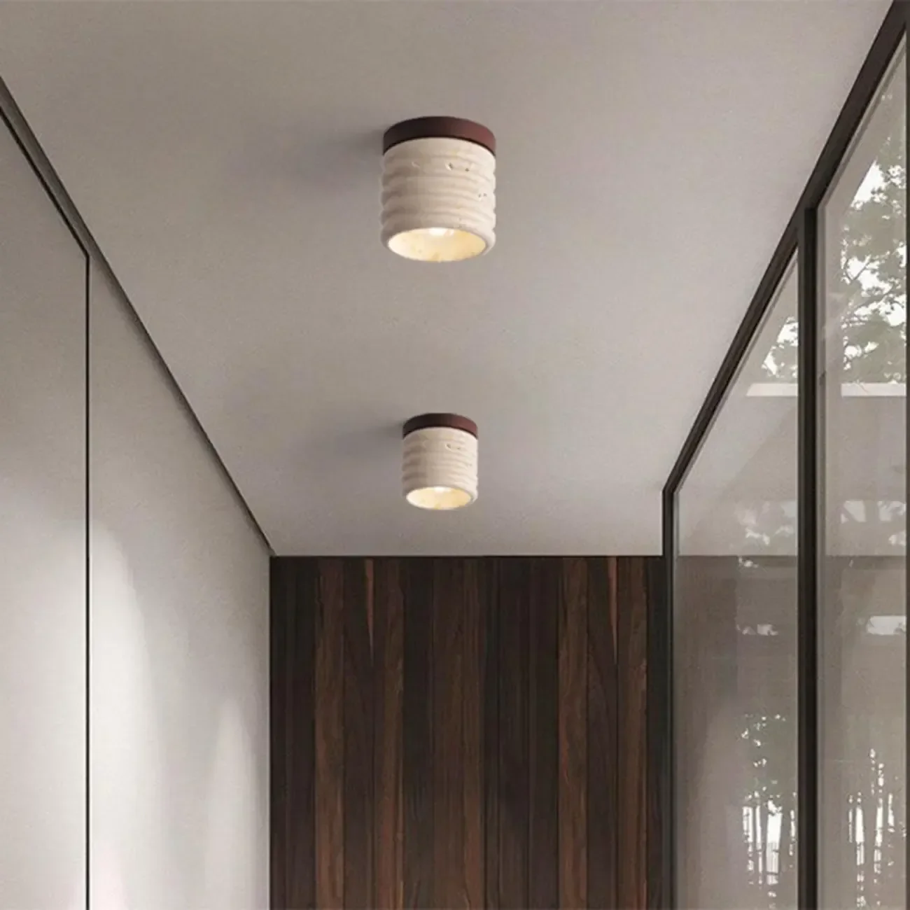 Modern Cylinder Stone Beige Flush Ceiling Light for Hallway