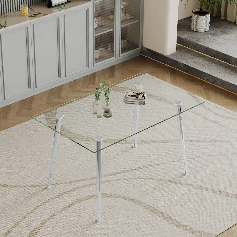 0.32 Thick Tempered Glass Top Dining Table with Stainless Steel Legs for Small Space, Dining Room