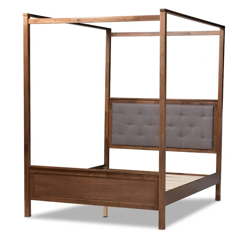 Grey & Walnut Brown Upholstered Platform Canopy Bed – Queen/King