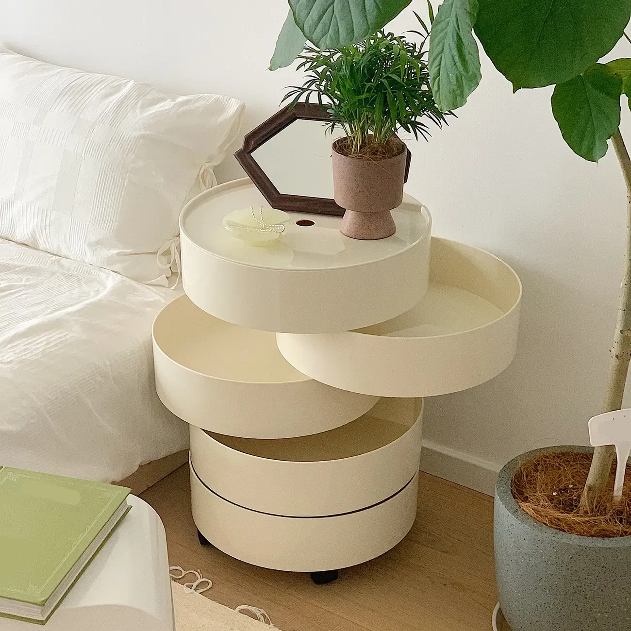 Simple Off White Rotating Bedside Table with Drawers Storage