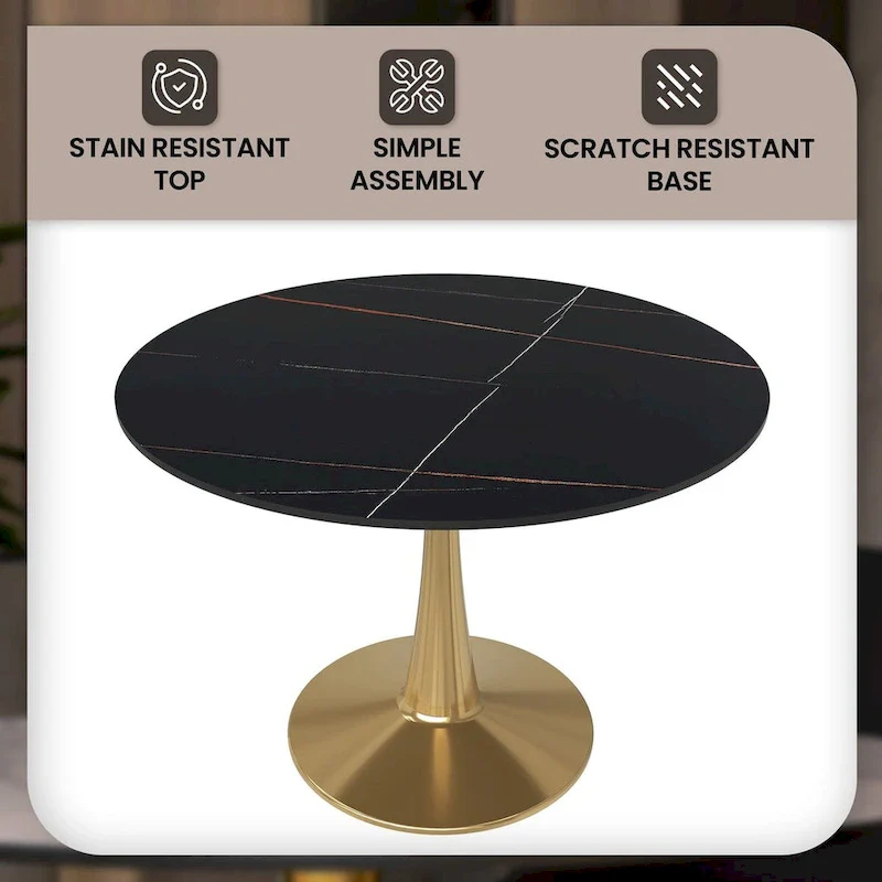 LeisureMod Round Dining Table 40 Sintered Stone Tabletop in Gold Steel Bistro Series