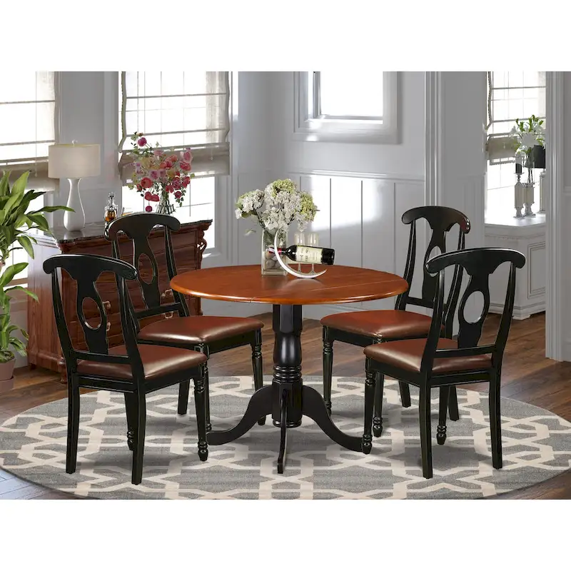 East West Furniture Dining Table Set- a Round Kitchen Table and Faux Leather Dinette Chairs, Black & Cherry (Pieces Option)