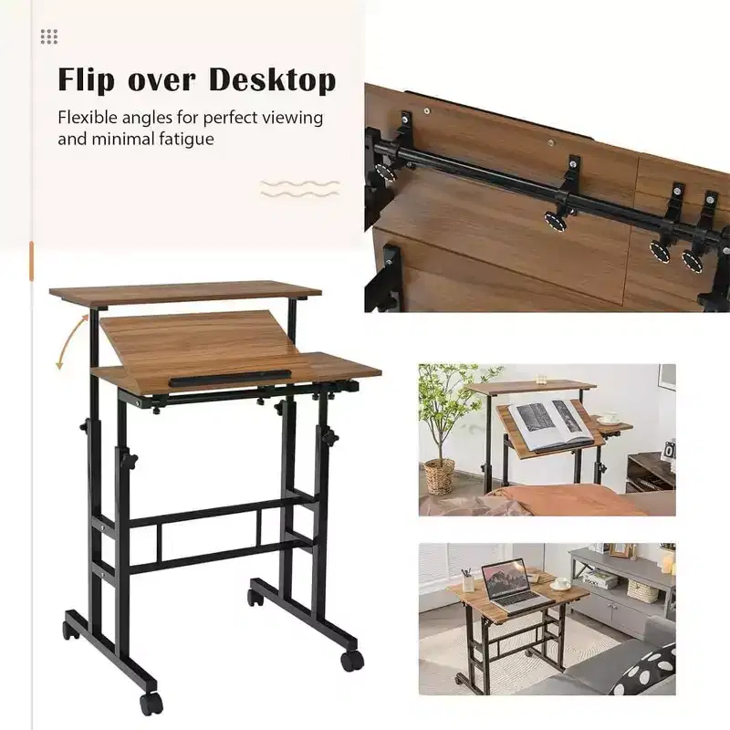 Portable Standing Desk Adjustable Height 26.4-61, Computer Desk with Wheels, Tiltable Top & CPU Stand, Rolling Laptop Table Cart for Home Office